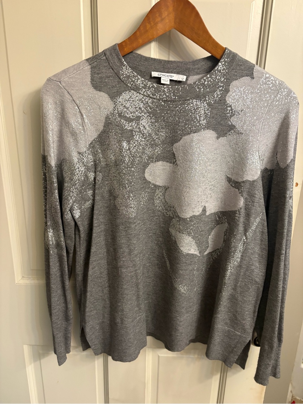 Chico's Gray Crewneck Sweater with Silver Floral Accents